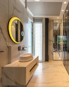 living room display of large format tiles for flooring solutions