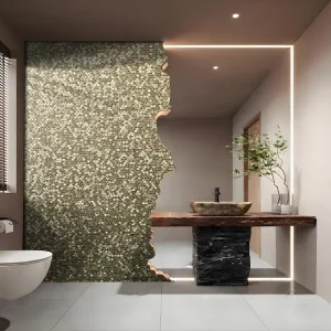 golden penny round mosaics used for the partition in a luxury bathroom
