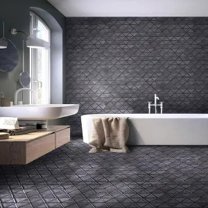 grey traingle mosiacs displayed in a luxury bathroom