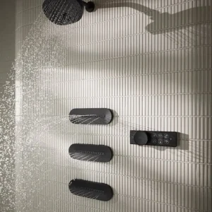 black Kohler shower panel with rain shower ,body jets, and hand shower-Kohler sanitaryware